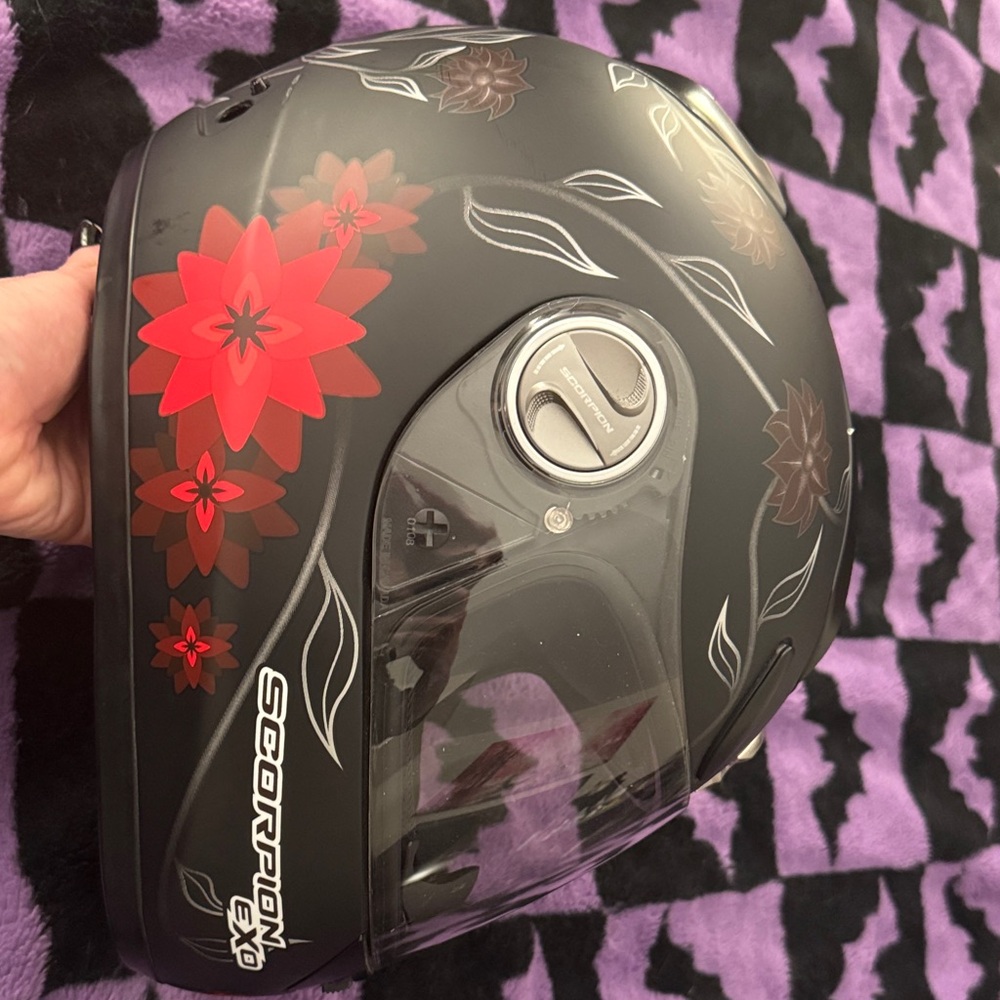 Scorpion EXO Black Helmet with Red Floral Design
